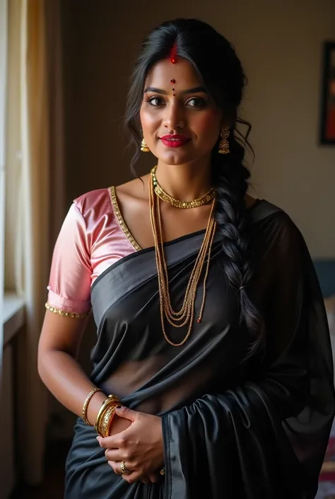 Hot indian milf  with 36-36-34 figure front view, curvy, black  saree with pink gray  satin fullsleeve  blouse,big red bindi on head got ready as hot traditional Hindu milf, at ladies tailor shop were , French braid hair with mangalsutra in neck is in dirt...