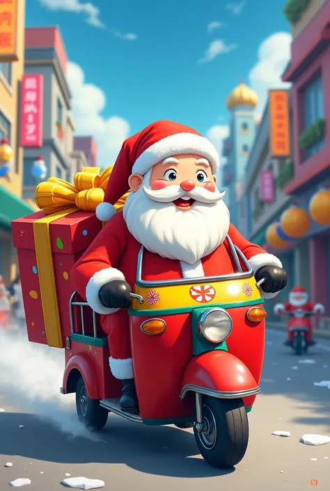 CREATE CUTE ANIME SANTA CLAUS. RIDE A TUK CAR WITH A GIFT BEHIND THE CAR