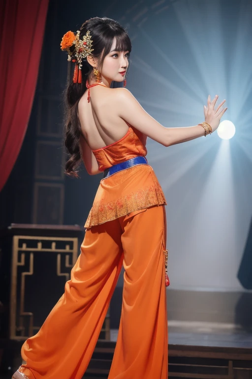 The woman is wearing an ancient dance costume, including a red full-length halter top blouse, and orange chiffon trousers on the bottom. She is an oriental beauty with a very Chinese style. The costume is very Song Dynasty style. She has her back to the wo...