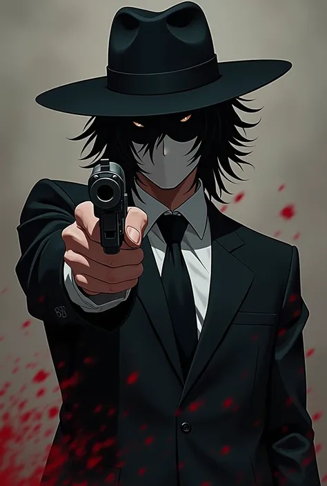 Anime-style black-haired, masked, suited, hat-wearing man with pistol and blood detail white full masked