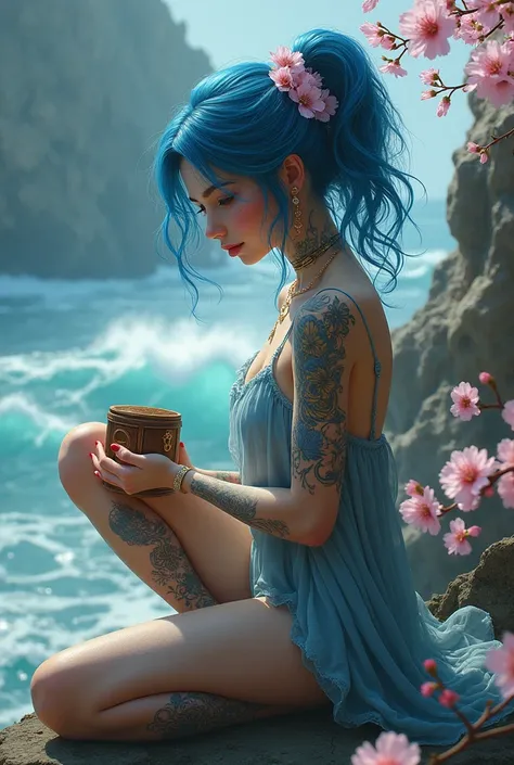 Blue-haired European girl tattooed with jewels wearing a white coat of fur and jeans kneeling on a cliff as the waves hit the rocks in her hands a wooden box and cherry blossoms