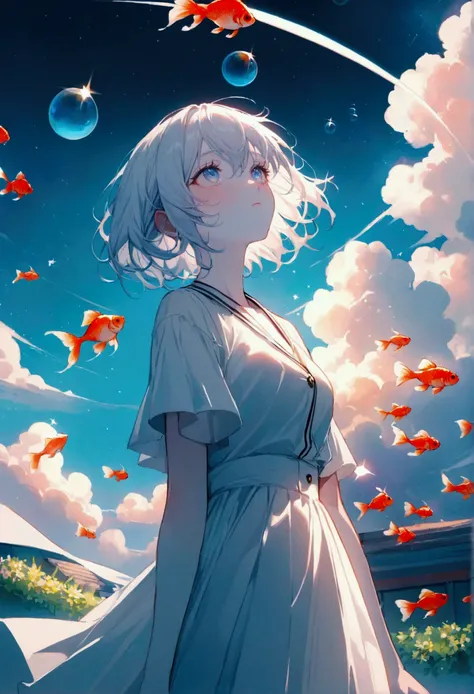 (woman(student, , ＪＫ, Flowing silver short hair, Eyes of the Universe, 黒いstudent服,  blue-white skin,  tired face，No shine in the eyes)  looking up at the sky), (Many goldfish swimming in the air), Beautiful sky,  Beautiful Clouds , In summer， colorful flow...