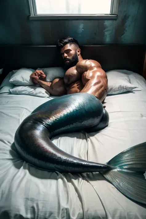 Muscular wet man with grey muscular mermaid shark tail instead of legs. Lying tired and sleeping on bed. Ass. Wet body. It is oiled ,  cracked and greasy. It is very much oiled and wet. black long hair, black long beard. Its raining , raining. 