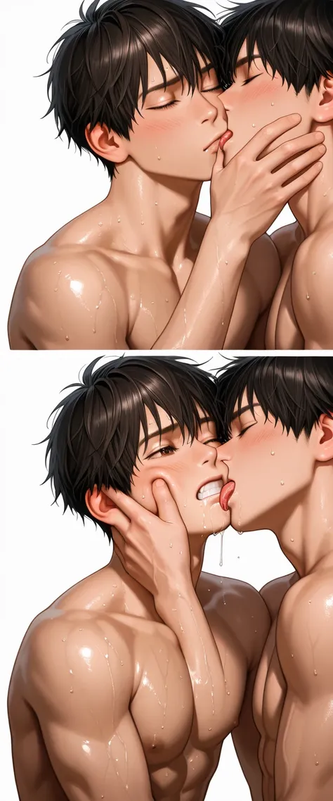 2 boy is kissing, cuddle ,yaoi boy, gay couple (licking boys cheek, cheek press, bubbling saliva:1.2), grabbing anothers face, full naked body, muscular bodybuilder 
BREAK boy, 22yo, short hair, , , black hair, ( detailed cute brown eyes), curled eyelashes...