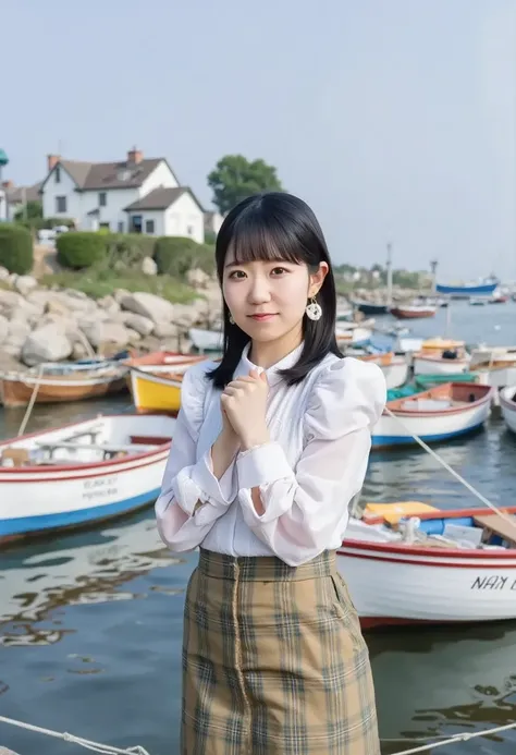 (( top quality , 8k, masterpiece: 1.3)), ( Sharp Focus: 1.2), A quaint lakeside village  ， colorful boats floating on the seashore,  1 girl,   Full Body Lesbian ,  Graceful Posture， beautiful, clean beauty , 20 years old,   half Japanese 、Half American ,  ...