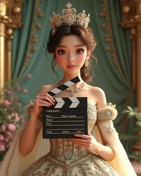 A beautiful princess wearing crown, holding a clapperboard, super realistic