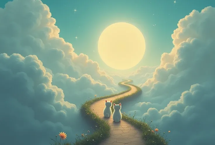 Beautiful sea of clouds。Road to the Moon。Two little cats are walking down that path towards the moon。Glowing Flower。