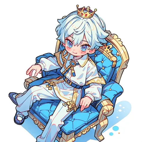 1boy, white hair, cute mischievous smile, stickers, splash background, wearing a crown, sitting on a Royal king chair sofa, legs crossed, The boys angle will be looking down from above.