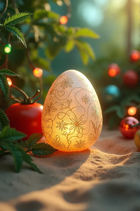 a perfect transparent hen egg , Decorated indoors for Christmas a tomato plant decorated with globes and Christmas lights on a tropical beach