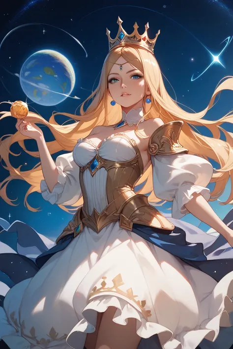 sorceress in a dark blue space-like blonde dress with a crown