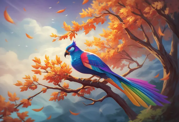  colorful bird perched on a branch with leaves in the background,  DIGITAL PAINTING INSPIRED BY CHARLES BIRD KING,  shutterstock,  Fantasy Art , Colorful 8k,   colorful HD images  , Colourful birds and long,  beautiful、 and colorful ,  4k high definition d...