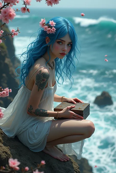 Blue-haired European girl tattooed with jewels wearing a white coat of fur and jeans kneeling on a cliff as the waves hit the rocks in her hands a wooden box and cherry blossoms