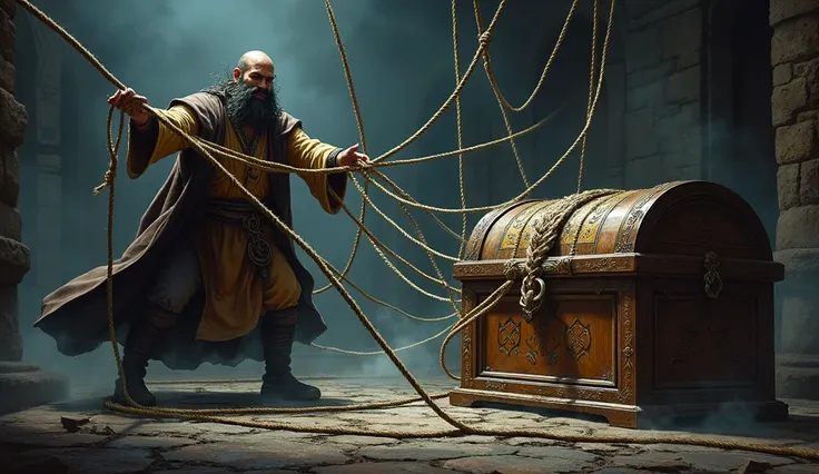 Ropes springing up, catching the merchant in a net trap as he tries to grab the chest.