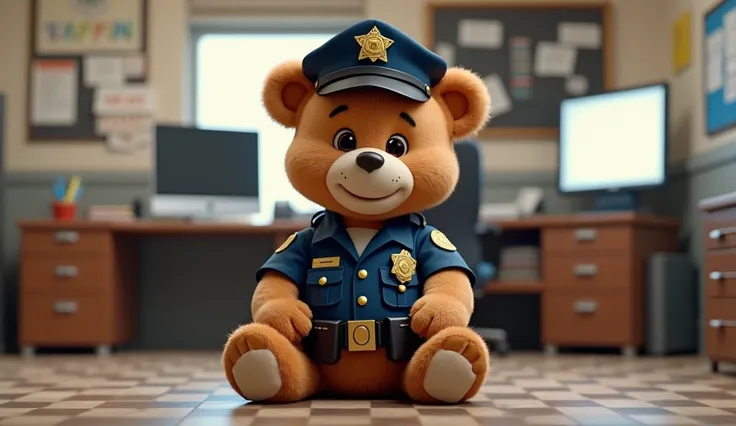 ultra realistic 3D picture of a miniature cute bear dressed as a police sitting on his desk in a police station