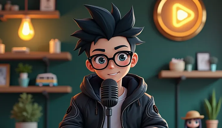 Create an image of a young male tall close up India human anime character. which character There will be a mic🎤 in front of the face.
sitting at a modern desk, wearing a black
futuristic jacket with glowing circuit patterns. The
character has spiky black h...