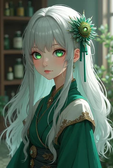  Young girl with long silver hair, emerald eyes,  white skin , apothecary clothing ,  visual novel character .