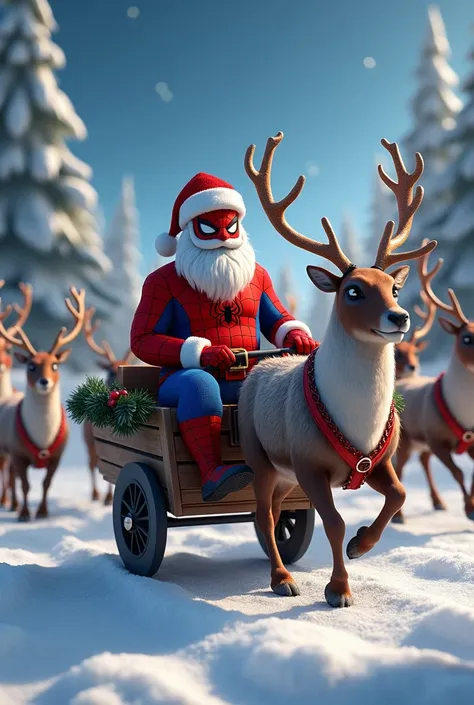 Create an image of Spider-Man dressed in a Santa Claus costume, riding a wheelbarrow with a deer, a deer, a deer, a deer, a deer, a deer.