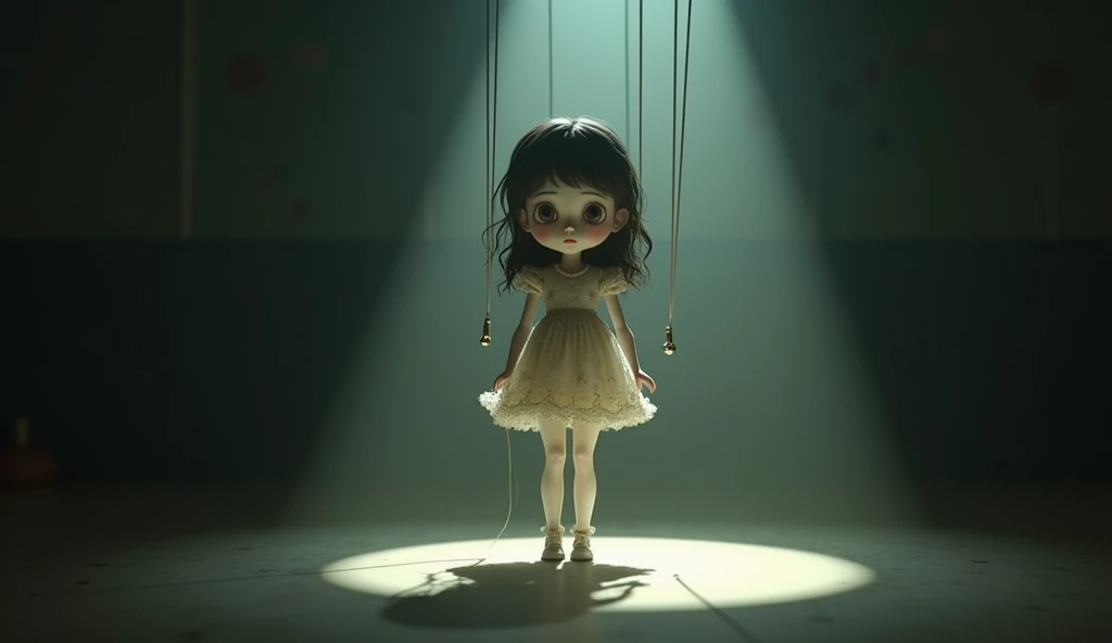 A girl marionette hanged by a string in a spotlight. Make it an animation style
