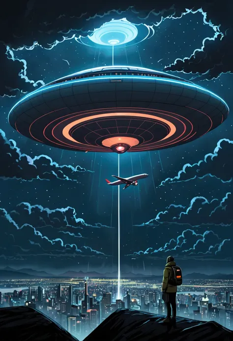 «Comic book cover image, Japan Airlines Cargo Flight JAL1628 encountering a massive UFO in the skies above Alaska, a commercial airliner flying through a stormy night with a gigantic, glowing unidentified flying object nearby, outdoor scene with dark cloud...