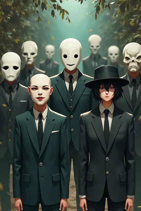 A few of them wear a white smiley mask, a mask with eyes closed, an anime style suit and a fedora hat