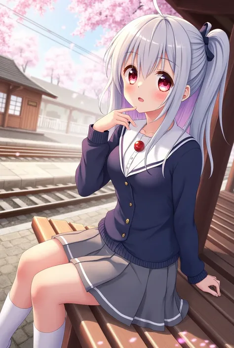 Anime-style girl with bluish-white ponytail hair, pink eyes, wearing a casual school outfit with a white blouse, navy cardigan, and pleated grey skirt, sitting on a wooden bench at a traditional rural Japanese train station. Cherry blossoms gently fall aro...