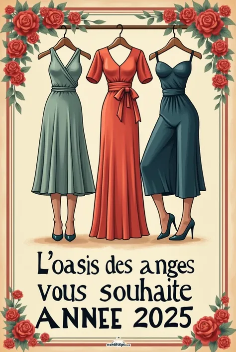 proposer une affiche dune structure de prête apporter qui vend différentes  robe et chaussures de soirée, qui souhaite bonne année 2025 a ces clients, sur laffiche on doit voir trois vêtements de couleur et message sur laffiche est : LOASIS DES ANGES VOUS ...