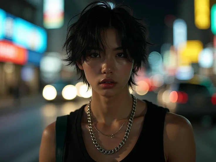 Jeon jungkook , full lips, black messy hair. Black tank top, chain necklace. On the street at night, with cars under flash light (real and real!) 