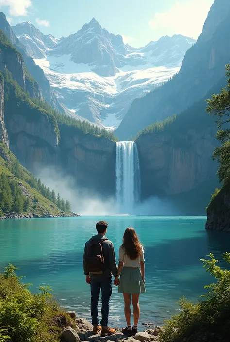 Mountain and water fall video with one couple standing 