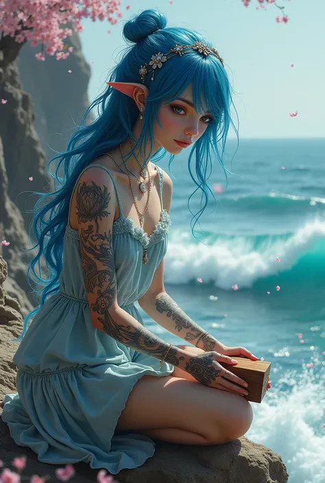 Blue-haired European girl tattooed with jewels wearing a white coat of fur and jeans kneeling on a cliff as the waves hit the rocks in her hands a wooden box and cherry blossoms