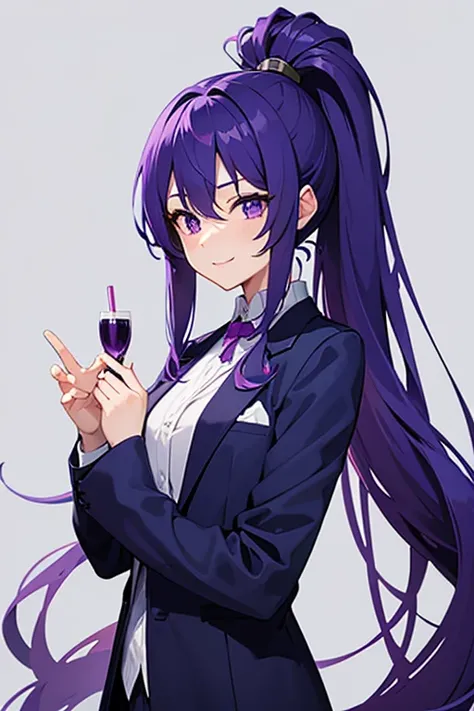 Blue-purple hair, Ridiculously long hair, Hair between the eyes, High Ponytail, purple eyespurple suit, Anime Color,fingersmile