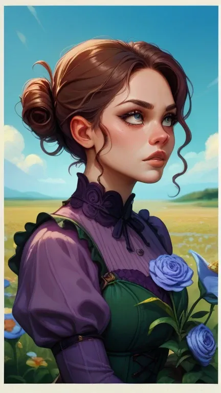 arrogant female Paint Silkie Chicken(animal face,reddish-brown hair, curly hair, hair up, the hair has a somewhat tousled look, purple outfit with lacy ruffles, dark green printed outfit).border, blue sky, field, holding flower, looking up