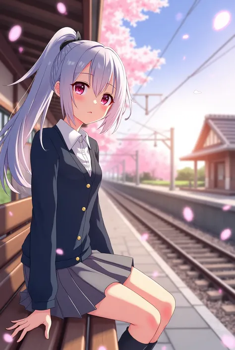 Anime-style girl with bluish-white ponytail hair, pink eyes, wearing a casual school outfit with a white blouse, navy cardigan, and pleated grey skirt, sitting on a wooden bench at a traditional rural Japanese train station. Cherry blossoms gently fall aro...