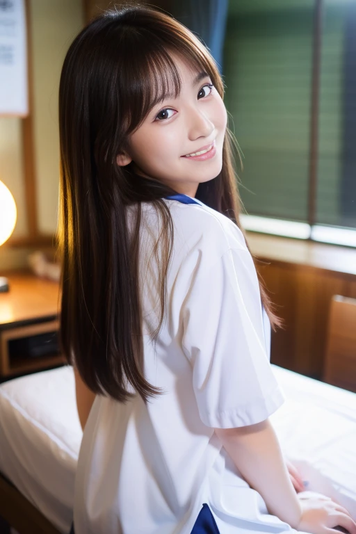    Japanese high school girls 、Looking back in front of school 、Idolのような可愛らしいsmile、 semi-long hair、 table top in bed,  top quality , 8k, Teen, smile, Alone, Idol&#39;Face, violet, Gardenia,  Delicate Girl,  upper body, digital SLR,  viewers, Frank, Sophist...