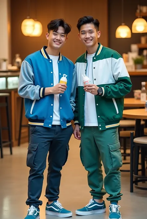  Full from a distance 2 short haired asian indonesian men fast sweet . Wearing a blue white green baseball jacket . Wearing cargo pants and wearing vans shoes .  Full from afar holding 2 bottles of baby pacifiers in the middle of a fancy cafe. Real pic UHD...