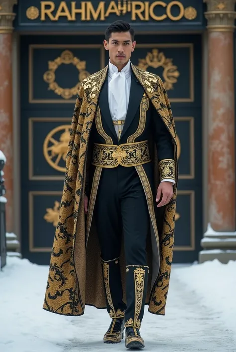 Hyper realistic image of Indonesias 20-year-old male emperor, tall and firm, full body shot ,  mans face is very clear ,  face facing the camera,  scene featuring a large horse roaring angrily, Men should ride horses,  wearing a black and white tuxedo, wea...