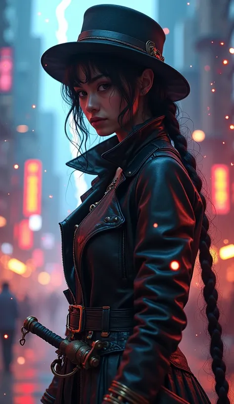 stunning 28yo girl, pakaian taktis time traveller steampunk, lengkap dengan topi, dan senjata laras panjang di punggung, neon lightning, explosions, thunderstorm, flying small particles, high resolution, high quality, lots of small details, full body visib...