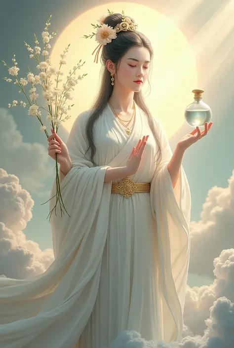  Chinese Guanyin Bodhisattva ，Holding a willow bottle ， sprinkling water from the sky with a willow branch