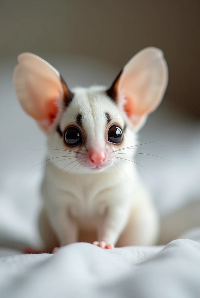  little white animal is sitting on the bed,  sugar glider with white nose ,  monster, Tiny,  Picture , Very large eyes!,  close-up photo ,  with fennec ears on top of the head , , 🐿🍸🍋, 白い鼻を持つ, Very cute and friendly ,   kinda cute thing  