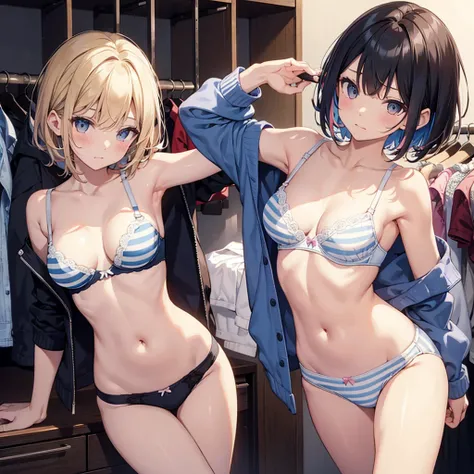 nsfw ４ｋquality, 最高quality,  short_hair, Ultra-small_chest,）In the changing room,   changing clothes, At a clothing store, Try on a bra,  lingerie　、１２age　 sexy poses　 seductive 、 blue and white bra ,  pink and white bra, Striped bra、Cute Bra、s Bra、Training ...