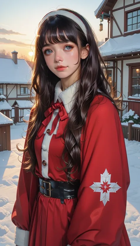 masterpiece， top quality，  high image quality，(  super flat  ，  flat shading )，  fisheye lens，  Beautiful petite young Japanese girl standing on the roof of a multi-tenant building、 Santa cosplay 、 red costume 、 straight long hair、bangs, Moderate bust、smil...