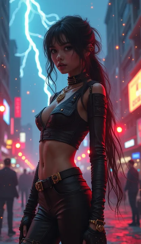 stunning 28yo girl, pakaian taktis steampunk dan senjata laras panjang di punggung, neon lightning, explosions, thunderstorm, flying small particles, high resolution, high quality, lots of small details, full body visible, --no flower,hell metropolis city,...