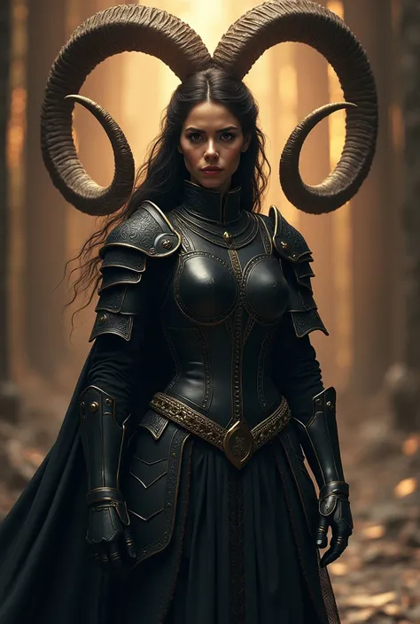 In the background is the icon of Aries and the Aries woman dressed in black armor