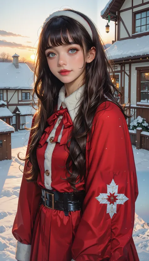 masterpiece, top quality, high image quality,( super flat , flat shading ), fisheye lens, Beautiful petite young Japanese girl standing on the roof of a multi-tenant building、 Santa cosplay 、 red costume 、 straight long hair、bangs, Moderate bust、smil...