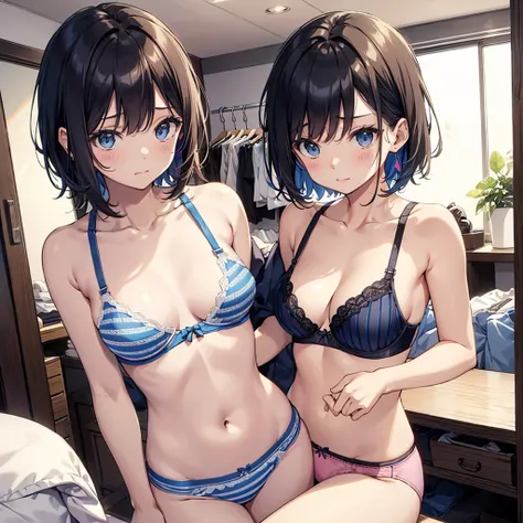 nsfw ４ｋquality, 最高quality,  short_hair, Ultra-small_chest,）In the changing room,   changing clothes, At a clothing store, Try on a bra,  lingerie　、１２age　 sexy poses　 seductive 、 blue and white bra ,  pink and white bra, Striped bra、Cute Bra、s Bra、Training ...