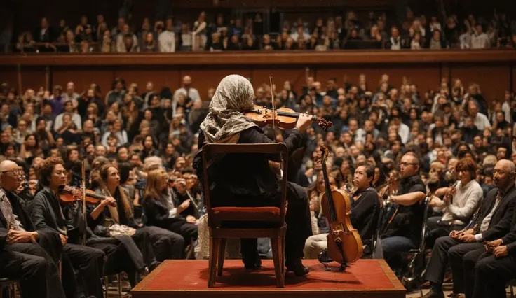 a woman in big podium playing violin and so many people were watching while sitting on vvip chair,and she cover their head and hair with scarf and took her picture from her back and she hold the violine beside her