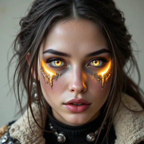 Woman with detailed metallic robotic golden eyes casually dressed