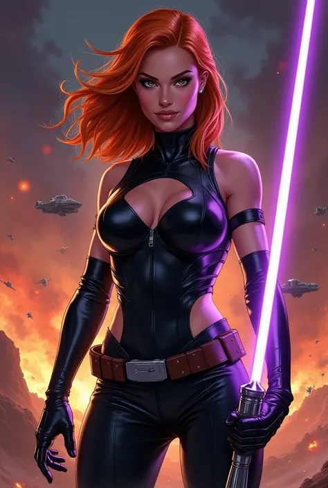 Mara Jade, est représentée portant son costume sexy en cuir noir bustier sans manche légèrement décolleté, qui accentue son charme, mais aussi son agilité et sa force. Ses cheveux orange sont de longueur épaule, ajoutant une touche délégance à sa détermina...