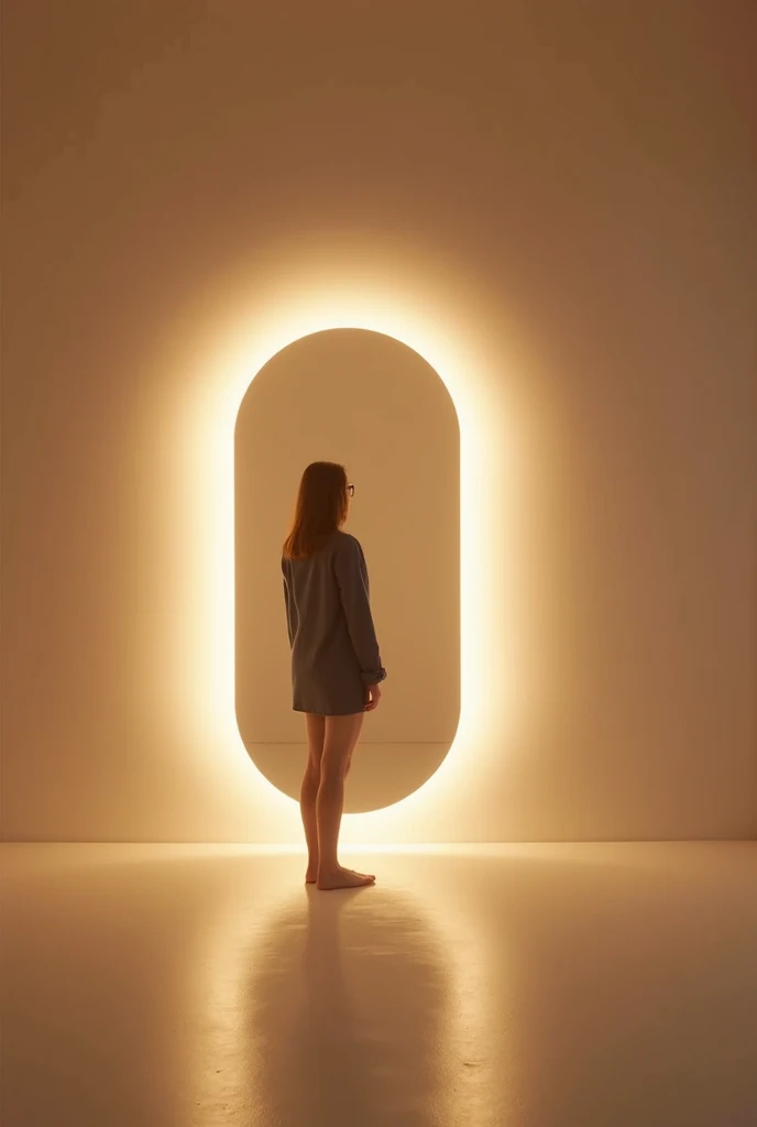 "A glowing mirror in a minimalist room, with a person standing in front of it, gazing at their reflection. The person appears thoughtful and determined, surrounded by soft warm light symbolizing self-awareness and personal growth. The setting is clean and ...