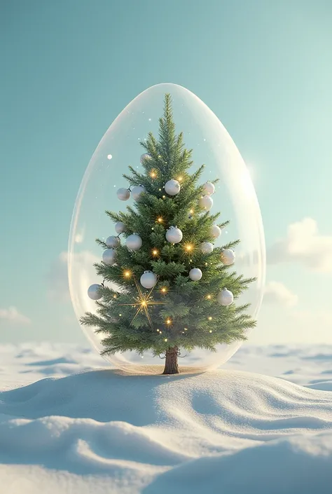 a perfect transparent hen egg , with a green Christmas tree decorated with installation of lights and globes on a snow-white beach