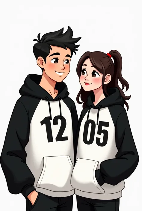 A cartoon couple photo wear balck and white mix hoodie that men tshrt should be include 13.12 and women tshrt should be 02.05 